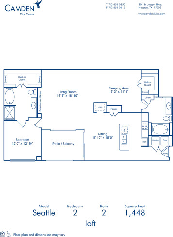 Blueprint of Seattle - Loft Floor Plan, 2 Bedrooms and 2 Bathrooms at Camden City Centre Apartments in Houston, TX