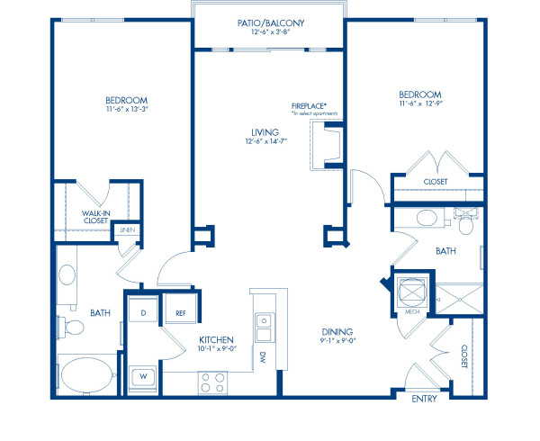 Blueprint of College Park Floor Plan, 2 Bedrooms and 2 Bathrooms at Camden College Park Apartments in College Park, MD