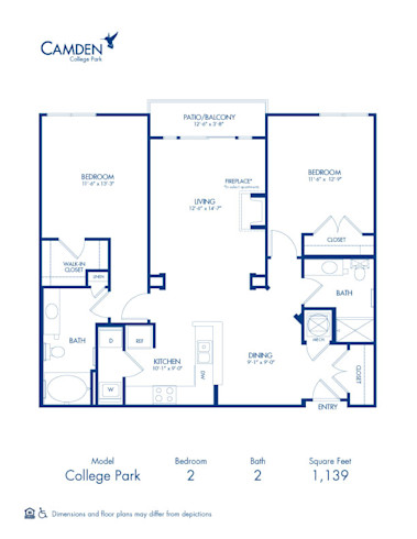 Blueprint of College Park Floor Plan, 2 Bedrooms and 2 Bathrooms at Camden College Park Apartments in College Park, MD