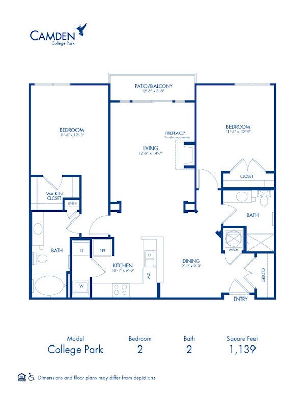 Blueprint of College Park Floor Plan, 2 Bedrooms and 2 Bathrooms at Camden College Park Apartments in College Park, MD