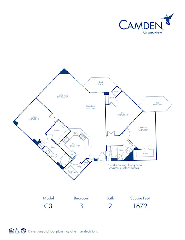 Blueprint of The Hyde Park Floor Plan, 3 Bedrooms and 2 Bathrooms at Camden Grandview Apartments in Charlotte, NC
