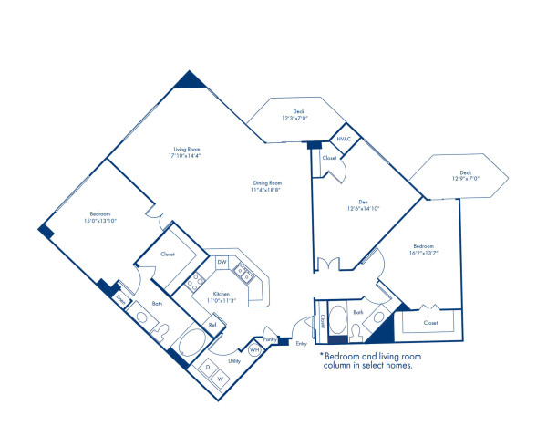 Blueprint of The Hyde Park Floor Plan, 3 Bedrooms and 2 Bathrooms at Camden Grandview Apartments in Charlotte, NC