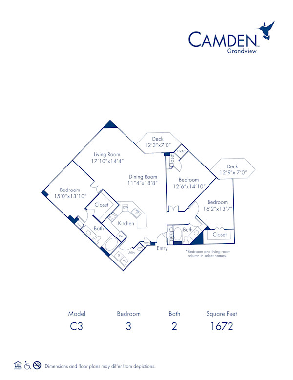 Blueprint of The Hyde Park Floor Plan, 3 Bedrooms and 2 Bathrooms at Camden Grandview Apartments in Charlotte, NC