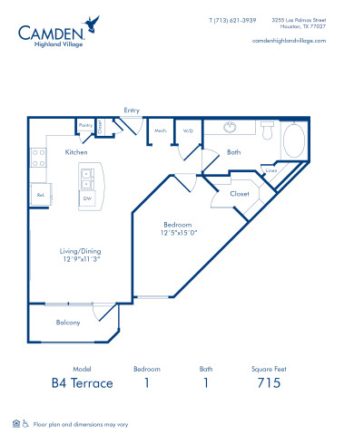 Camden Highland Village apartments in Houston, TX Terrace one bedroom floor plan B4