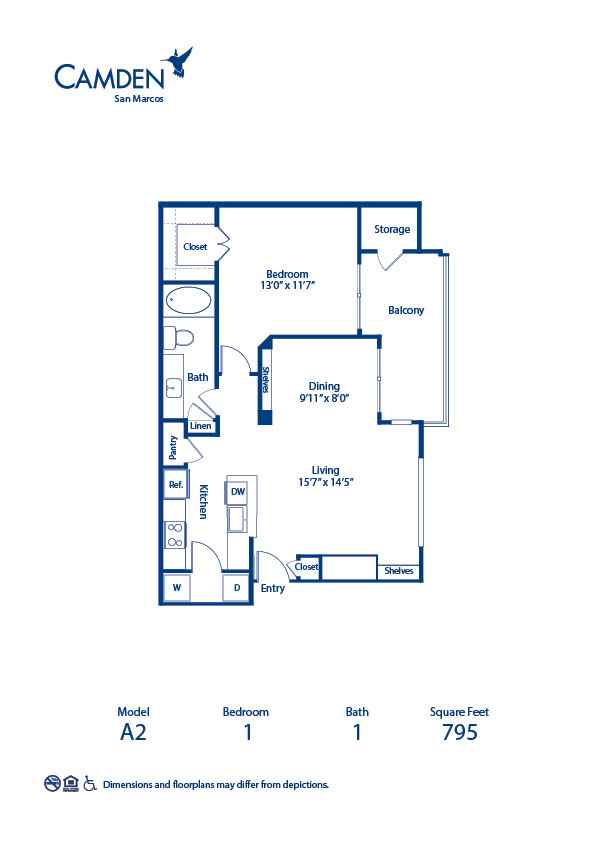 Blueprint of A2 Floor Plan, 1 Bedrooms and 1 Bathroom at Camden San Marcos Apartments in Scottsdale, AZ
