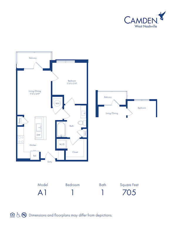 A1 floor plan, 1 bed x 1 bath apartment home at Camden West Nashville in Nashville, TN