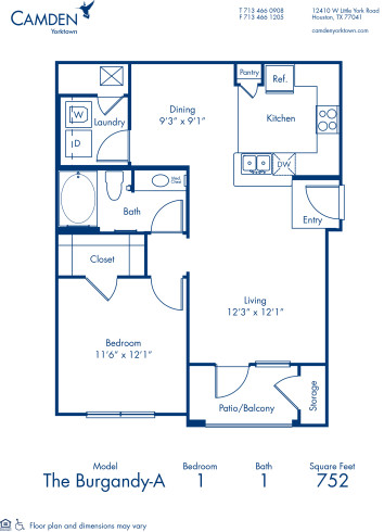 Blueprint of Burgandy A Floor Plan, 1 Bedroom and 1 Bathroom at Camden Yorktown Apartments in Houston, TX