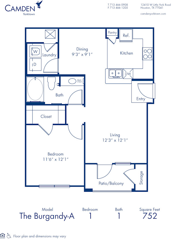 Blueprint of Burgandy A Floor Plan, 1 Bedroom and 1 Bathroom at Camden Yorktown Apartments in Houston, TX