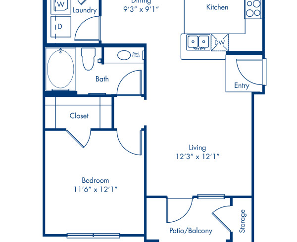 Blueprint of Burgandy A Floor Plan, 1 Bedroom and 1 Bathroom at Camden Yorktown Apartments in Houston, TX
