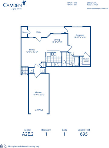 Blueprint of A2E.2 Floor Plan, 1 Bedroom and 1 Bathroom at Camden Legacy Creek Apartments in Plano, TX