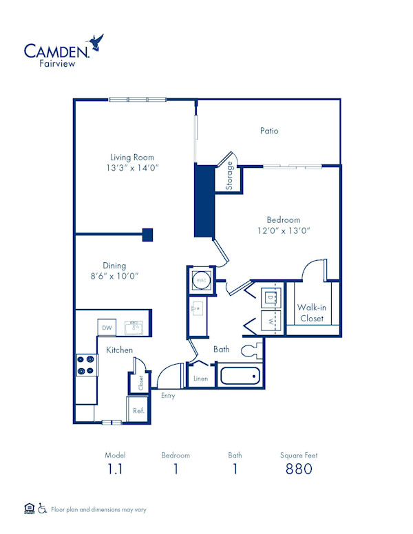 Blueprint of 1.1 Floor Plan, 1 Bedroom and 1 Bathroom at Camden Fairview Apartments in Charlotte, NC