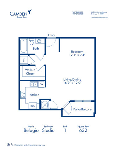 Blueprint of Belagio Floor Plan, Studio with 1 Bathroom at Camden Orange Court Apartments in Orlando, FL