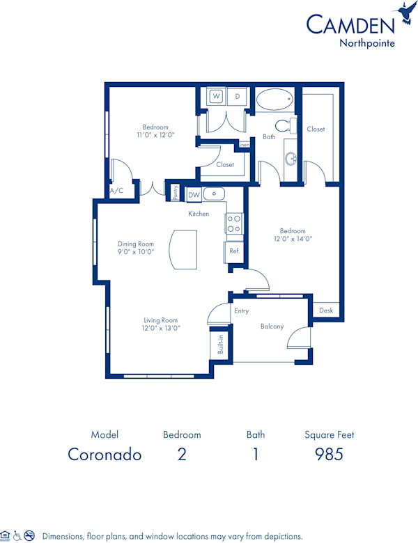 Blueprint of Coronado Floor Plan, 2 Bedrooms and 1 Bathroom at Camden Northpointe Apartments in Tomball, TX
