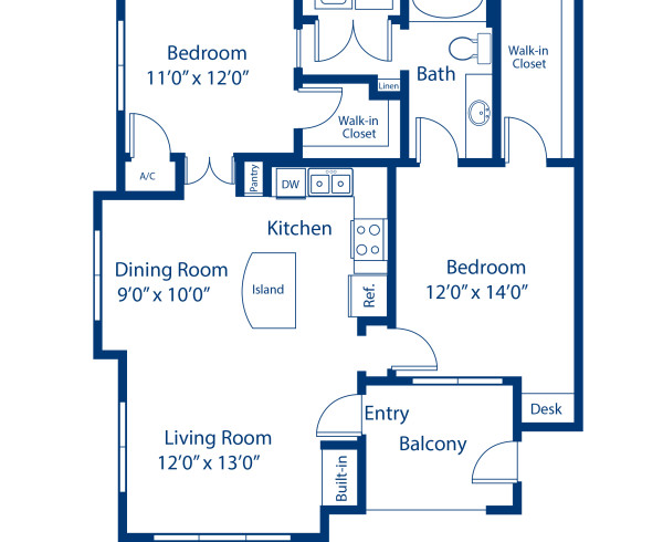 Blueprint of Coronado Floor Plan, 2 Bedrooms and 1 Bathroom at Camden Northpointe Apartments in Tomball, TX