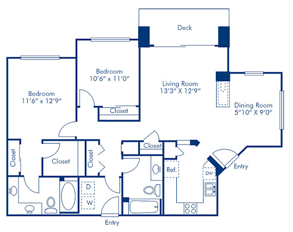 Blueprint of I Floor Plan, 2 Bedrooms and 2 Bathrooms at Camden Highlands Ridge Apartments in Highlands Ranch, CO