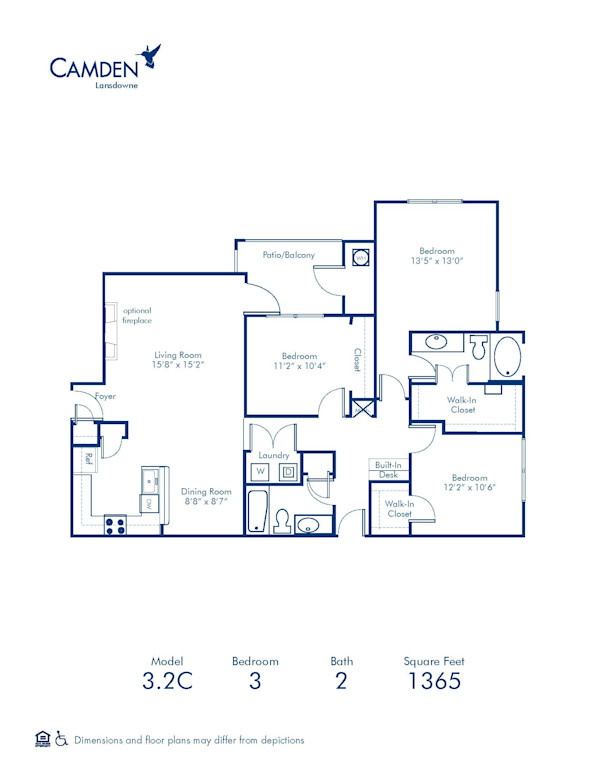 Blueprint of 3.2C Floor Plan, 3 Bedrooms and 2 Bathrooms at Camden Lansdowne Apartments in Lansdowne, VA