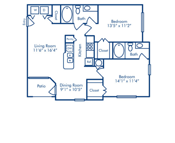 Blueprint of Ivory Floor Plan, 2 Bedrooms and 2 Bathrooms at Camden Lago Vista Apartments in Orlando, FL