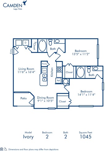 Blueprint of Ivory Floor Plan, 2 Bedrooms and 2 Bathrooms at Camden Lago Vista Apartments in Orlando, FL