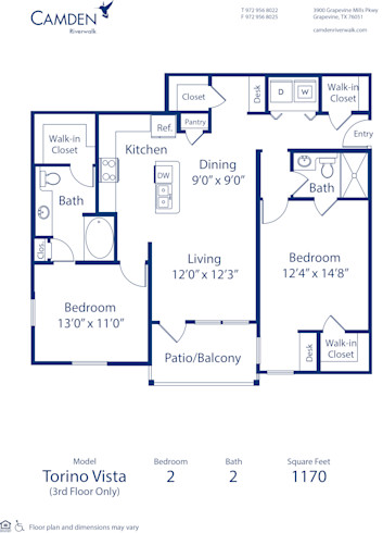 Blueprint of Torino Vista Floor Plan, 2 Bedrooms and 2 Bathrooms at Camden Riverwalk Apartments in Grapevine, TX