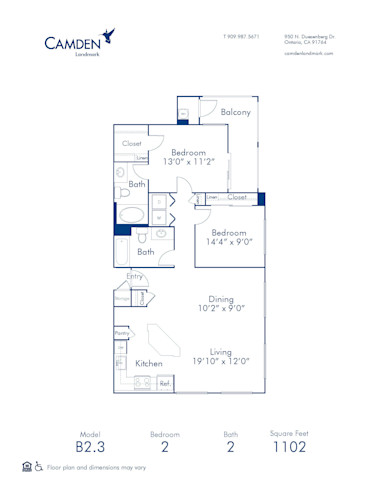 Blueprint of B2.3 Floor Plan, 2 Bedrooms and 2 Bathrooms at Camden Landmark Apartments in Ontario, CA