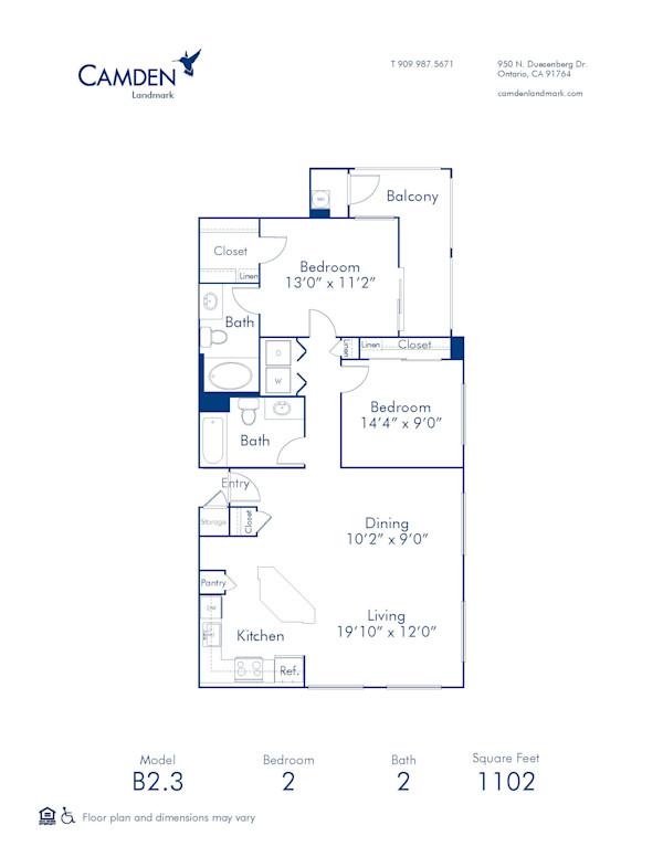 Blueprint of B2.3 Floor Plan, 2 Bedrooms and 2 Bathrooms at Camden Landmark Apartments in Ontario, CA