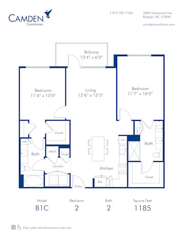 Blueprint of the B1C Two Bedroom, Two Bathroom Floor Plan at Camden Carolinian Apartments in Raleigh, NC