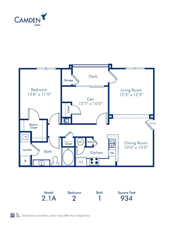 Blueprint of 2.1 Floor Plan, a 1 Bedroom and 1 Bathroom apartment home at Camden Crest Apartments in Raleigh, NC