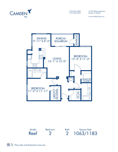 Blueprint of Reef (Balcony) Floor Plan, 2 Bedrooms and 2 Bathrooms at Camden Bay Apartments in Tampa, FL