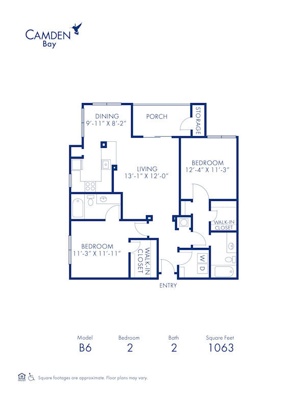 Blueprint of Reef (Balcony) Floor Plan, 2 Bedrooms and 2 Bathrooms at Camden Bay Apartments in Tampa, FL