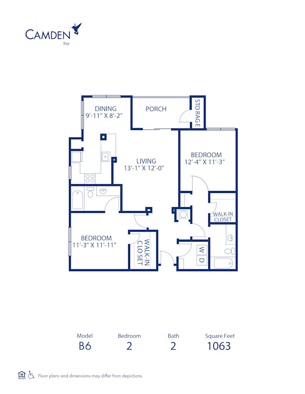 Blueprint of Reef (Balcony) Floor Plan, 2 Bedrooms and 2 Bathrooms at Camden Bay Apartments in Tampa, FL