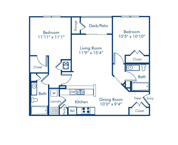 Blueprint of 2.2A Floor Plan, Apartment Home with 2 Bedrooms and 2 Bathrooms at Camden Reunion Park in Apex, NC