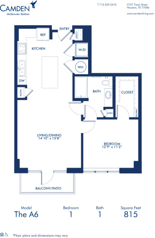 Blueprint of A6 Floor Plan at Camden McGowen Station One Bedroom Apartments in Midtown Houston