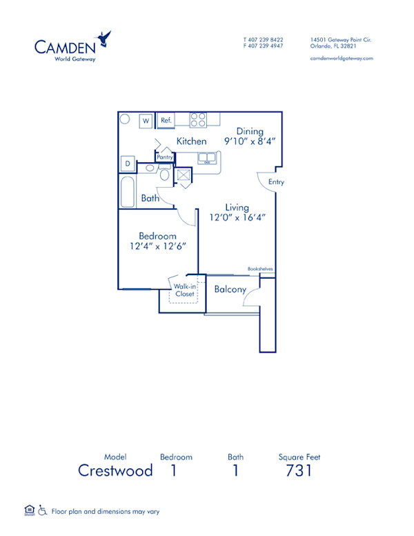 Blueprint of Crestwood Floor Plan, 1 Bedroom and 1 Bathroom at Camden World Gateway Apartments in Orlando, FL
