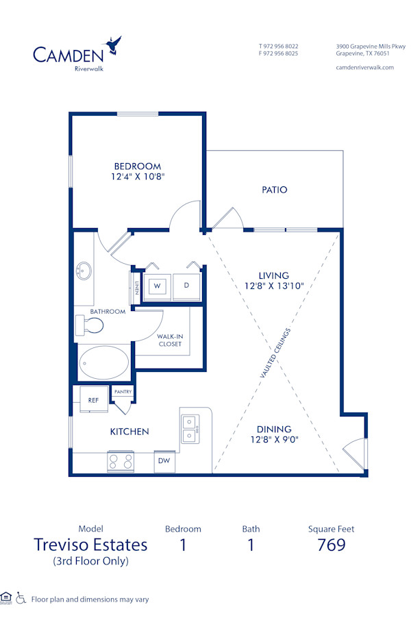 Blueprint of Treviso Estates Floor Plan, 1 Bedroom and 1 Bathroom at Camden Riverwalk Apartments in Grapevine, TX