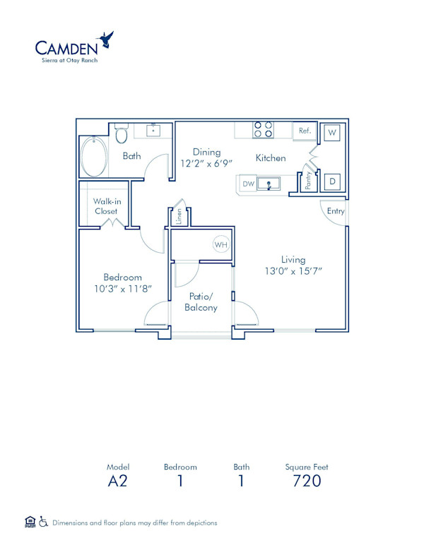 Blueprint of A2 Floor Plan, 1 Bedroom and 1 Bathroom at Camden Sierra at Otay Ranch Apartments in Chula Vista, CA