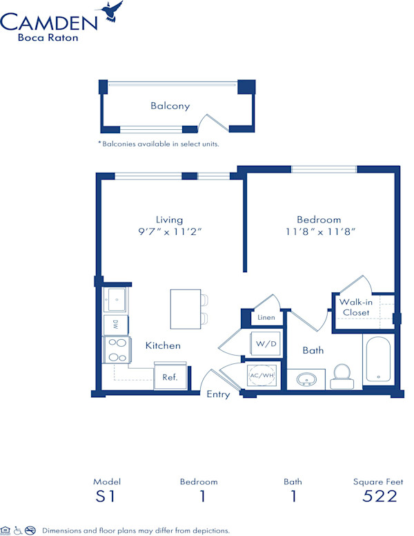 Blueprint of The ST-1 Floor Plan, 1 Bedroom and 1 Bathroom at Camden Boca Raton Apartments in Boca Raton, FL
