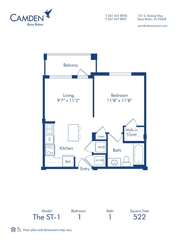 Blueprint of The ST-1 Floor Plan, 1 Bedroom and 1 Bathroom at Camden Boca Raton Apartments in Boca Raton, FL