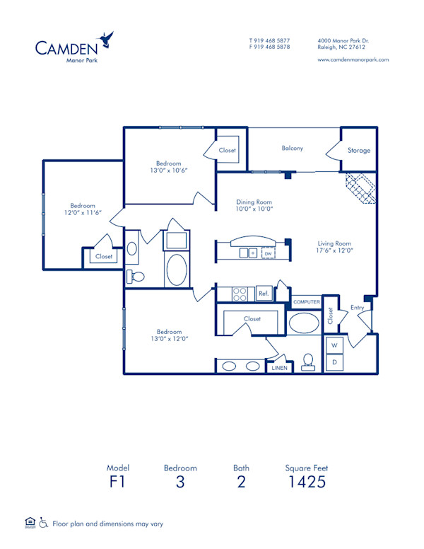 Blueprint of F1 Floor Plan, 3 Bedrooms and 2 Bathrooms at Camden Manor Park Apartments in Raleigh, NC
