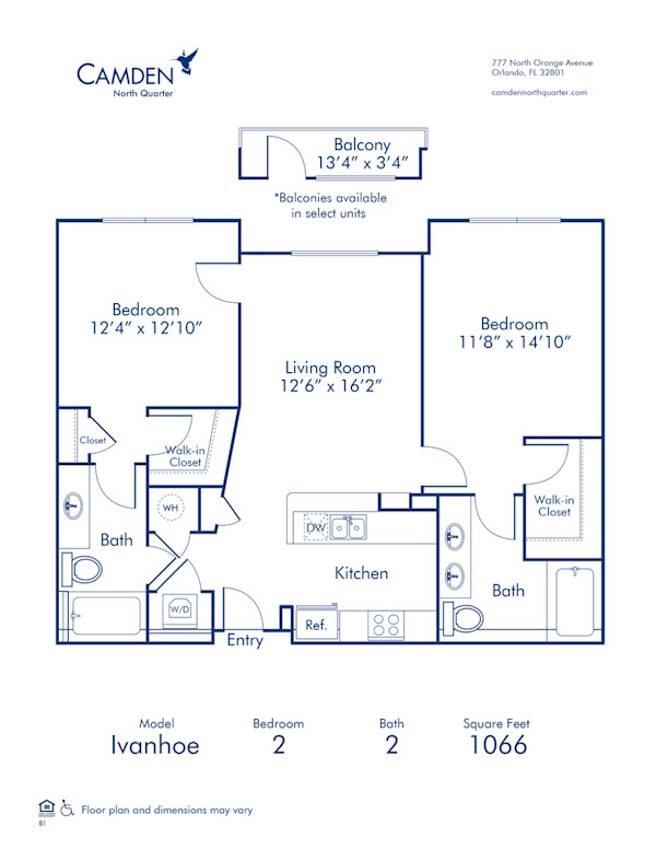 Blueprint Ivanhoe floor plan, two bathroom two bath apartment at Camden North Quarter Apartments in Orlando, FL
