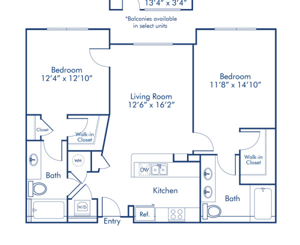 Blueprint Ivanhoe floor plan, two bathroom two bath apartment at Camden North Quarter Apartments in Orlando, FL