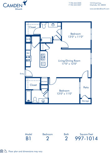 Blueprint of B1.2 Floor Plan, 2 Bedrooms and 2 Bathrooms at Camden Dilworth Apartments in Charlotte, NC