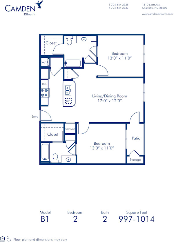 Blueprint of B1.2 Floor Plan, 2 Bedrooms and 2 Bathrooms at Camden Dilworth Apartments in Charlotte, NC
