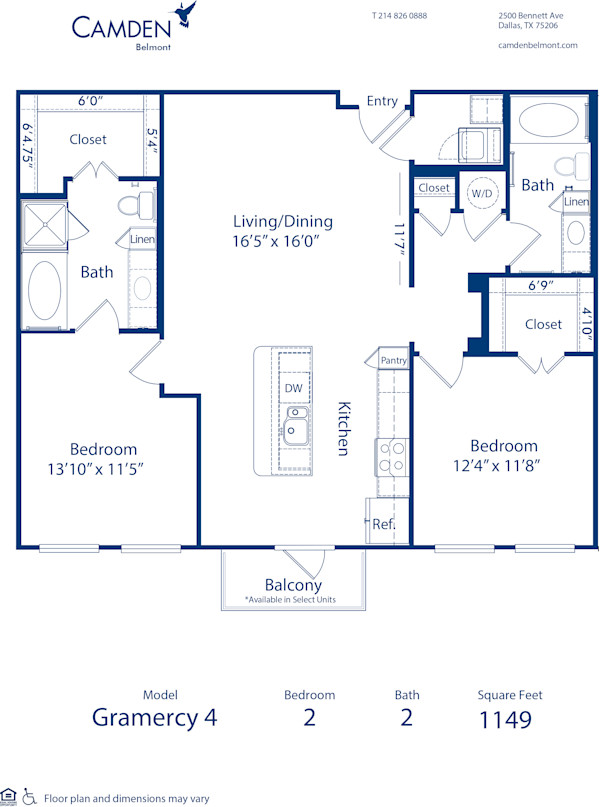 Blueprint of Gramercy 4 Floor Plan, 2 Bedrooms and 2 Bathrooms at Camden Belmont Apartments in Dallas, TX