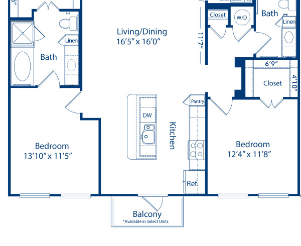 Blueprint of Gramercy 4 Floor Plan, 2 Bedrooms and 2 Bathrooms at Camden Belmont Apartments in Dallas, TX