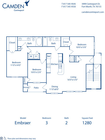 Blueprint of Embraer Floor Plan, 3 Bedrooms and 2 Bathrooms at Camden Centreport Apartments in Ft. Worth, TX