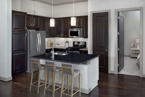 Tower kitchen with black quartz countertops, hardwood-style flooring, and pendant lights