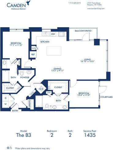 Blueprint of B3 Floor Plan, Two Bedroom and Two Bathroom Apartment at Camden McGowen Station Apartments in Midtown Houston, TX