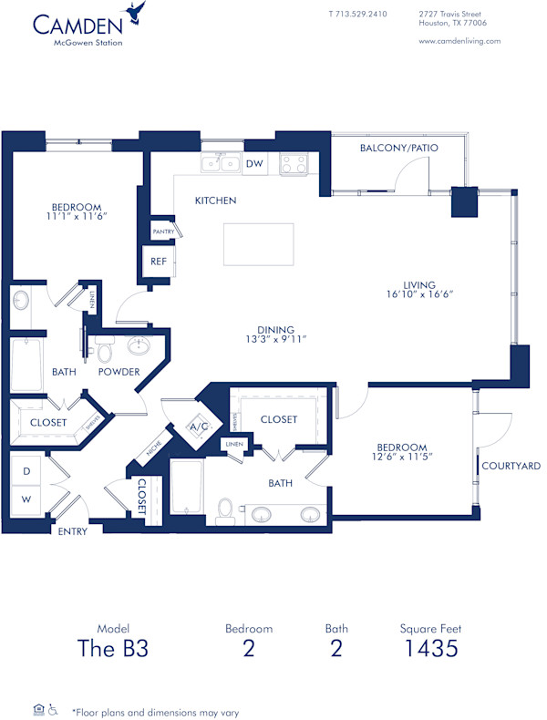 Blueprint of B3 Floor Plan, Two Bedroom and Two Bathroom Apartment at Camden McGowen Station Apartments in Midtown Houston, TX