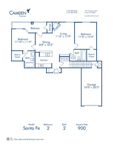 Blueprint of Santa Fe Floor Plan, 2 Bedrooms and 2 Bathrooms at Camden Cimarron Apartments in Irving, TX