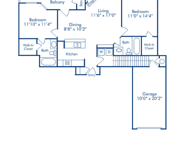 Blueprint of Santa Fe Floor Plan, 2 Bedrooms and 2 Bathrooms at Camden Cimarron Apartments in Irving, TX
